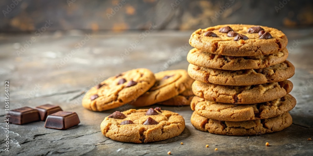A stack of freshly baked chocolate chip cookies on a rustic stone surface, showcasing the golden-brown hue of the dough and the melty chocolate chips peeking out from the crispy edges. A stack of freshly baked chocolate chip cookies on a rustic stone surface, showcasing the golden-brown hue of the dough and the melty chocolate chips peeking out from the crispy edges.