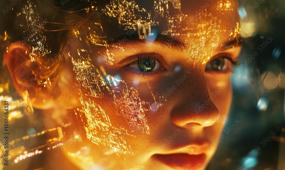 A woman's face obscured by city lights. A woman's face obscured by city lights.