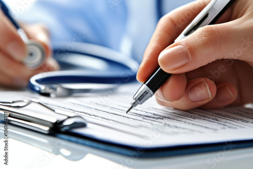 Doctor writing on clipboard in hospital room, focused and attentive.