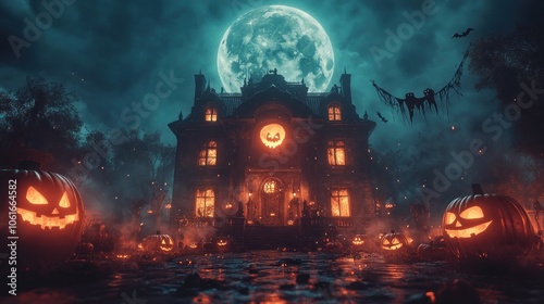 A spooky haunted house with a full moon, pumpkins and bats for Halloween.