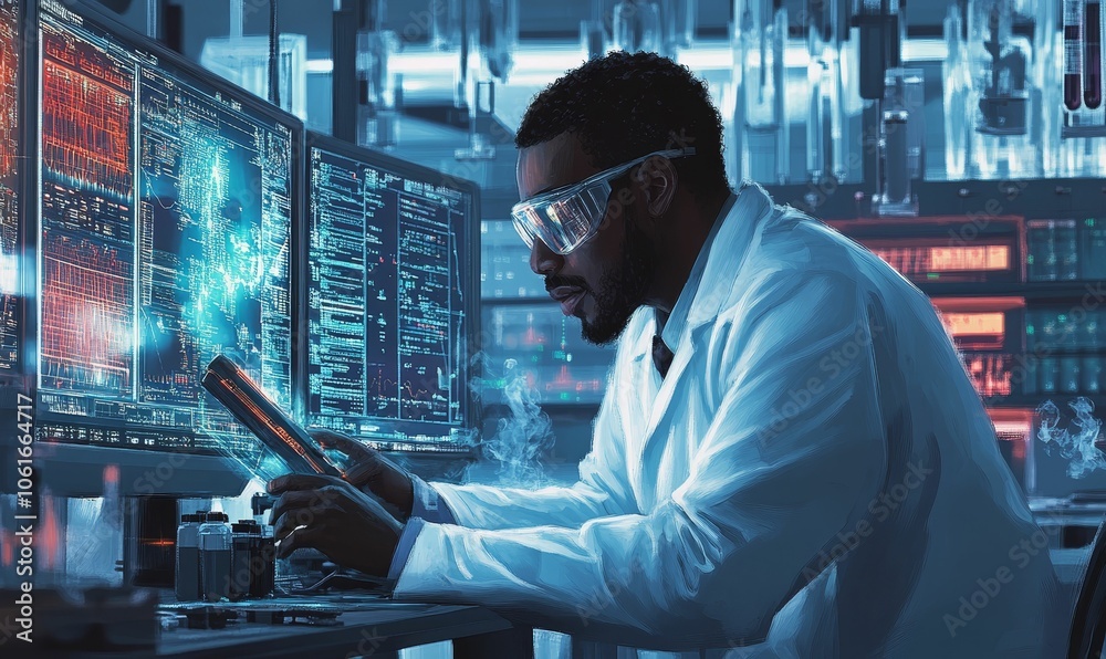 Fototapeta premium A man in a lab coat works on a computer.