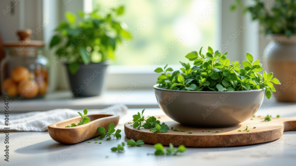 Bowl of fresh basil leaves with wooden cutting board and mortar in kitchen. Bowl of fresh basil leaves with wooden cutting board and mortar in kitchen.