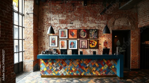 Trendy Industrial Chic Hotel Lobby with Colorful Mosaic Reception Desk and Exposed Brick Walls