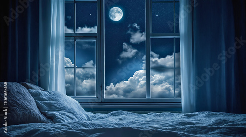 Peaceful moonlight window bedroom, tranquil night pillow dream rest, serene sky relax dark bed, sleepy comfortable cozy, peaceful relaxing quiet
