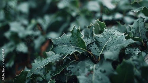 Fresh, rain-kissed holly leaves glisten, capturing nature's refreshing beauty after a gentle shower. photo