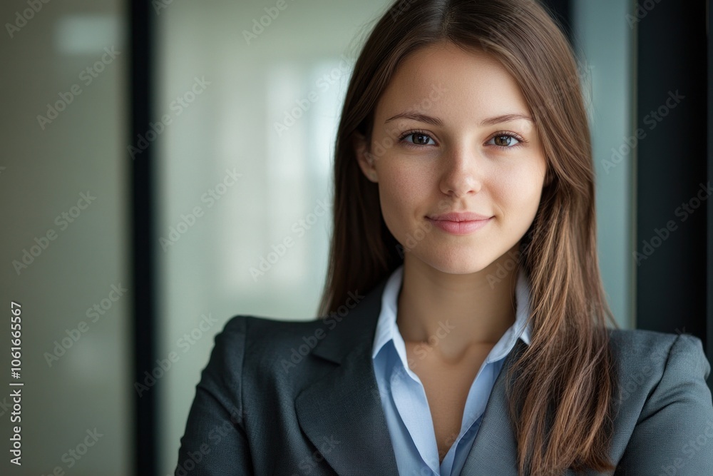 Confident businesswoman smiling in office building Confident businesswoman smiling in office building
