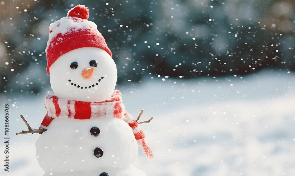 Joyful snowman adorned with a winter hat and scarf smiling, Generative AI Joyful snowman adorned with a winter hat and scarf smiling, Generative AI