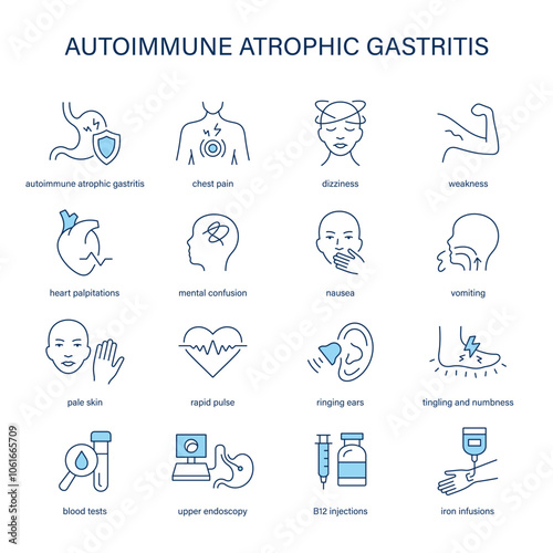 Autoimmune Atrophic Gastritis symptoms, diagnostic and treatment vector icon set. Medical icons.