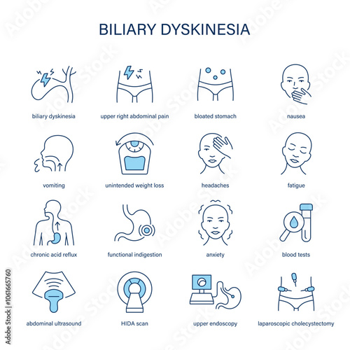 Biliary Dyskinesia symptoms, diagnostic and treatment vector icon set. Medical icons.