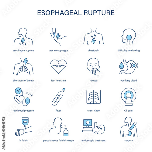 Esophageal Rupture symptoms, diagnostic and treatment vector icon set. Medical icons.	