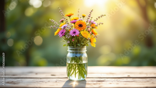 A charming arrangement of colorful flowers in a mason jar sitting on a wooden surface. photo