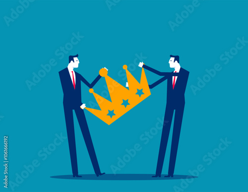 Staff conflict or employee argument, fighting for job promotion or jealousy colleague concept, angry coworker fighting by pulling golden crown metaphor of job promotion position.
