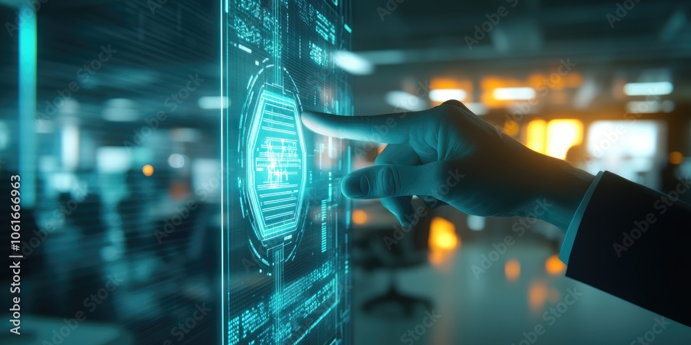 A digital signature on a high-tech touchscreen device glows, set against a busy corporate office blurred in the background. A digital signature on a high-tech touchscreen device glows, set against a busy corporate office blurred in the background.