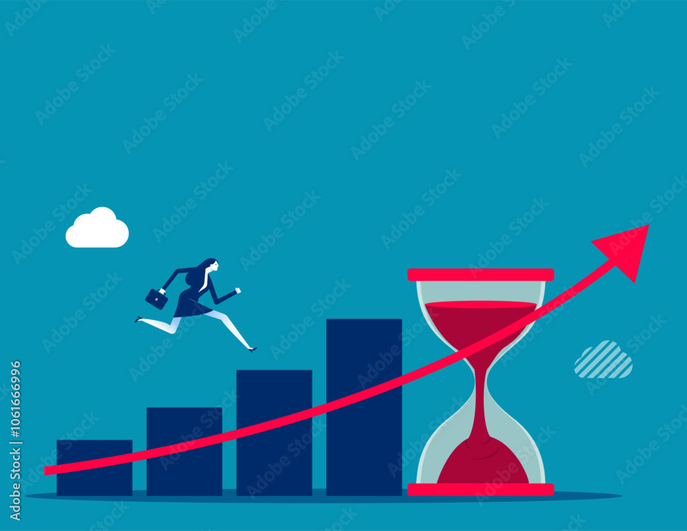 Time value of money, long term investment, compound growth or success growing business, make profit or investment gain concept, woman walk up growth rising up graph with sandglass metaphor of time. Time value of money, long term investment, compound growth or success growing business, make profit or investment gain concept, woman walk up growth rising up graph with sandglass metaphor of time.