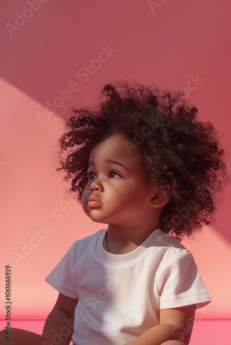 A small child sitting on a bright pink surface with a calm expression