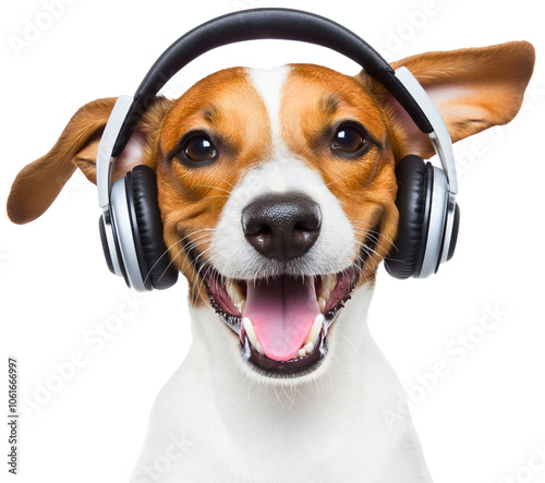 Joyful dog happy headphones, playful isolated pet animal music, energetic listen rhythm enjoy joy, cheerful adorable funny, silly whimsical entertaining photo