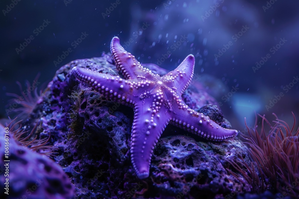 A starfish sits on top of a rocky outcropping, its vibrant purple color standing out against the natural surroundings A starfish sits on top of a rocky outcropping, its vibrant purple color standing out against the natural surroundings