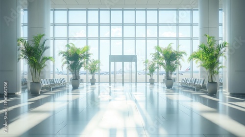 Spacious Modern Airport Terminal with Floor-to-Ceiling Windows, Polished Floors, and Natural Light Highlighting Travel, Transportation, and Sleek Architecture in a Minimalist, Peaceful Environment