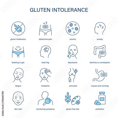 Gluten Intolerance symptoms, diagnostic and treatment vector icon set. Medical icons.