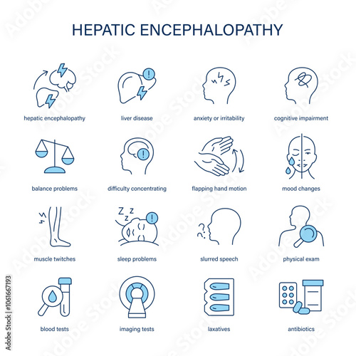 Hepatic Encephalopathy symptoms, diagnostic and treatment vector icon set. Medical icons.