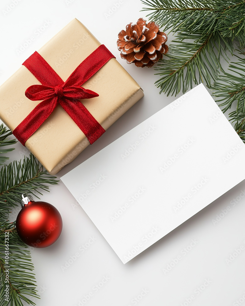 Fototapeta premium Christmas scene, featuring a beautifully wrapped gift and a blank card.