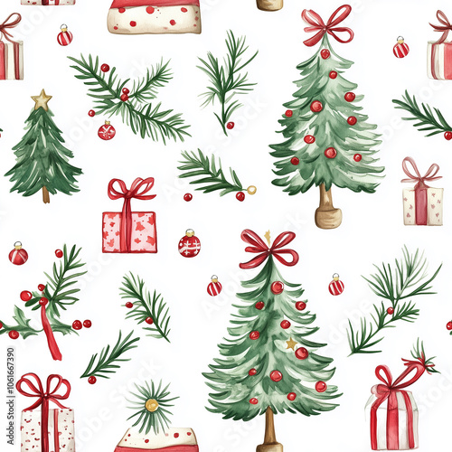 Christmas seamless pattern, featuring a whimsical arrangement of Christmas trees, gifts, and stars. The watercolor illustration style