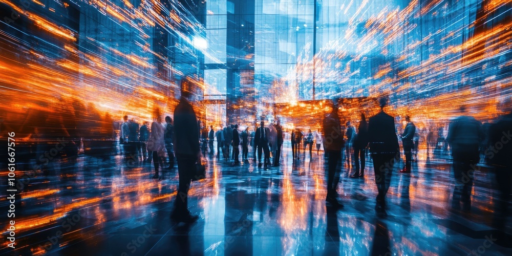 A business convention filled with professionals, captured in a blurred shot with abstract lighting elements. A business convention filled with professionals, captured in a blurred shot with abstract lighting elements.