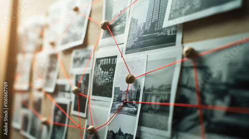 Investigative detective bulletin board, methodical crime investigation evidence office, analytical wall criminologist police message, mysterious intriguing complex, strategic meticulous thorough