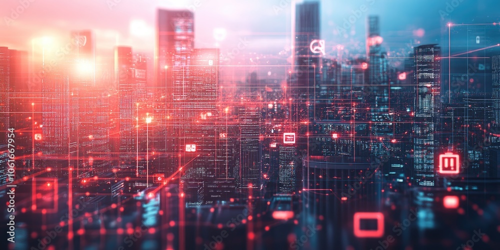 A futuristic business network is defined by vibrant lines that connect an array of devices and icons across an innovative city skyline. A futuristic business network is defined by vibrant lines that connect an array of devices and icons across an innovative city skyline.