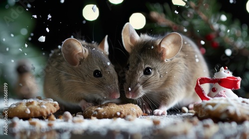 Two mice amidst holiday decorations savor cookies, with snowflakes gently falling around them. photo