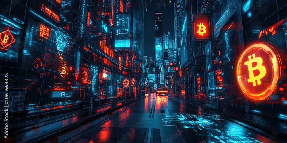 Fototapeta premium A cyberpunk cityscape filled with digital advertisements for cryptocurrencies and e-commerce platforms, with neon lights and futuristic architecture.