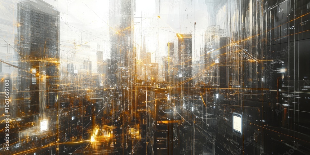 Obraz premium A futuristic cityscape depicts lines linking various smart devices and buildings, representing the vision of a fully connected smart city.