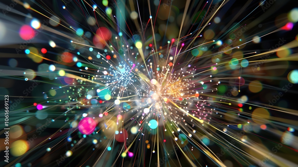 Fototapeta premium Vibrant fireworks display against dark night sky symbolizing new beginnings, dynamic burst of light captured with wide-angle lens, ample copy space for text or design elements.