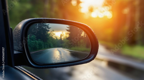 Essential rearview mirror car, clear road reflection automobile side, precise glass behind visibility transport, driving safety modern, vehicle highway path