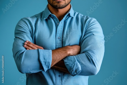 A person standing with their arms crossed, wearing a blue shirt