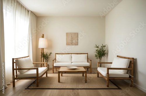 japandi interior style, japandi interior design banner showcases minimalist room with bamboo furniture, neutral colors for simplicity and functionality