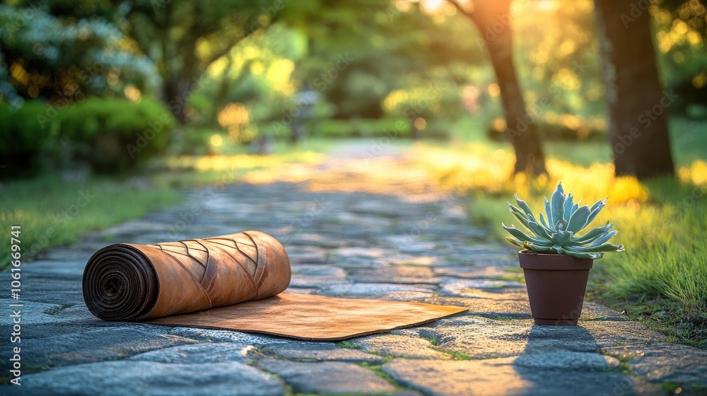 Rustic Leather-Bound Blanket with Potted Plant on a Stone Path in a Serene Forest, Highlighting Themes of Nature, Outdoor Living, and Sustainability in a Tranquil Green Environment Rustic Leather-Bound Blanket with Potted Plant on a Stone Path in a Serene Forest, Highlighting Themes of Nature, Outdoor Living, and Sustainability in a Tranquil Green Environment