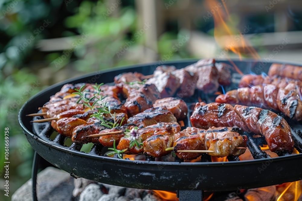 Barbecue dish with grilled meat and vegetables, perfect for outdoor gatherings or picnic Barbecue dish with grilled meat and vegetables, perfect for outdoor gatherings or picnic