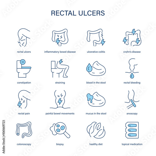 Rectal Ulcers symptoms, diagnostic and treatment vector icons. Medical icons.