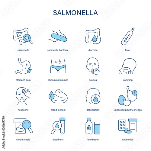 Salmonella symptoms, diagnostic and treatment vector icons. Medical icons.