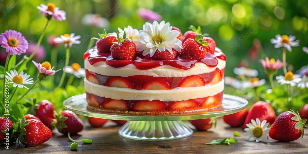A Summery Strawberry Cake with a Delicate Floral Garnish, Presented on a Glass Cake Stand, Surrounded by Vibrant Blooms and Fresh Berries A Summery Strawberry Cake with a Delicate Floral Garnish, Presented on a Glass Cake Stand, Surrounded by Vibrant Blooms and Fresh Berries