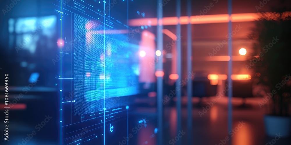 Obraz premium Digital signature interface glows on a holographic display, with a blurred corporate meeting room as the backdrop.