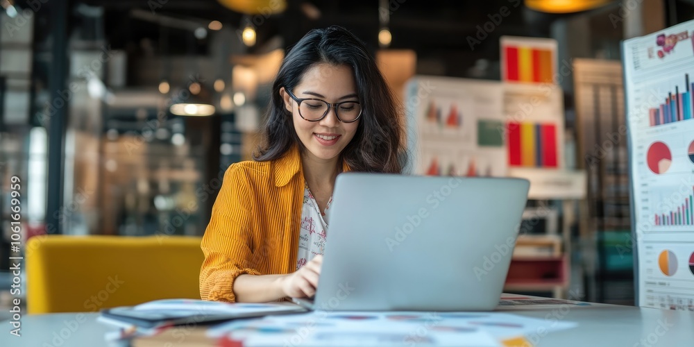A digital marketer analyzing online metrics on a laptop in a vibrant and modern workspace.