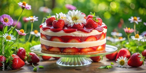 A Summery Strawberry Cake with a Delicate Floral Garnish, Presented on a Glass Cake Stand, Surrounded by Vibrant Blooms and Fresh Berries
