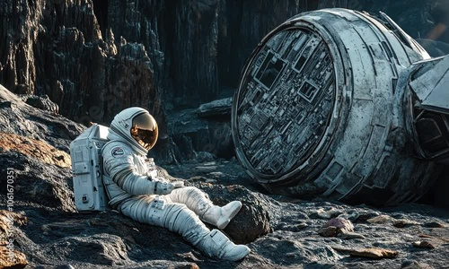 Astronaut in a desolate landscape