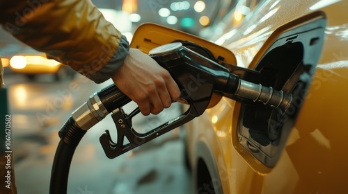 A person refueling a car at a gas station. 