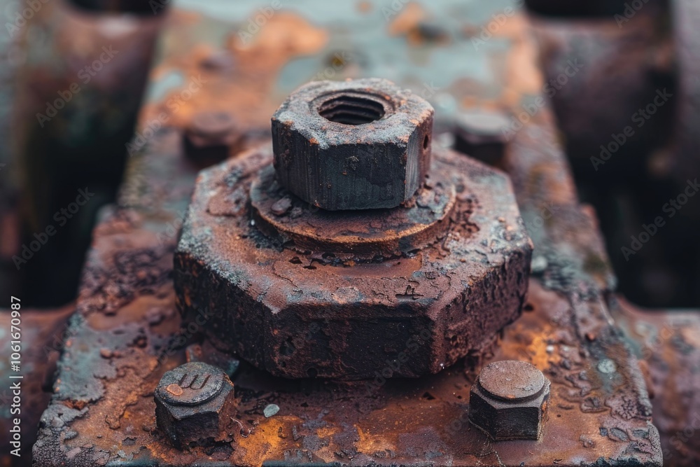 A rusty piece of metal featuring a nut, potentially from an old machine or tool A rusty piece of metal featuring a nut, potentially from an old machine or tool