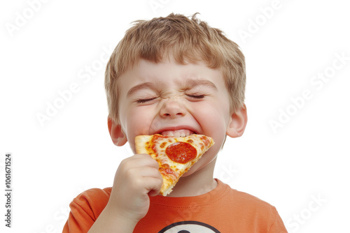 Happy child enjoying a slice of pizza, isolated on transparent background