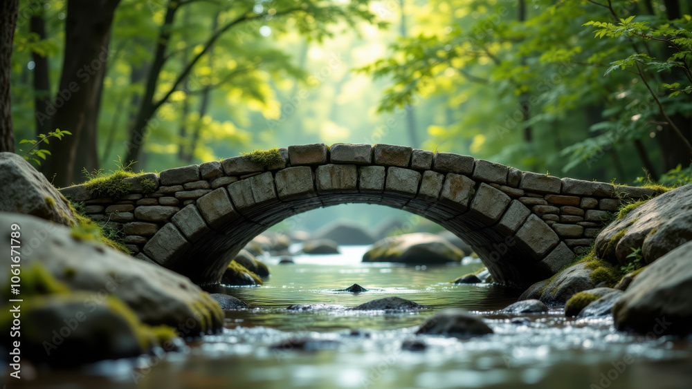 Fototapeta premium A stone bridge arching over a shallow river.