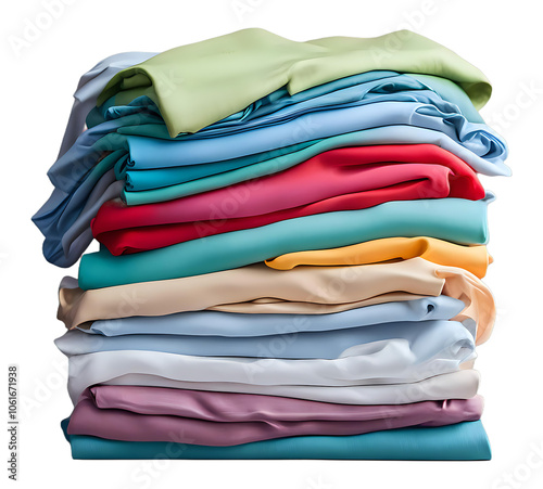 Pile of neatly folded, colorful clothes stacked together. Ideal for concepts of organization, laundry, and home storage solutions. Cut without a background.